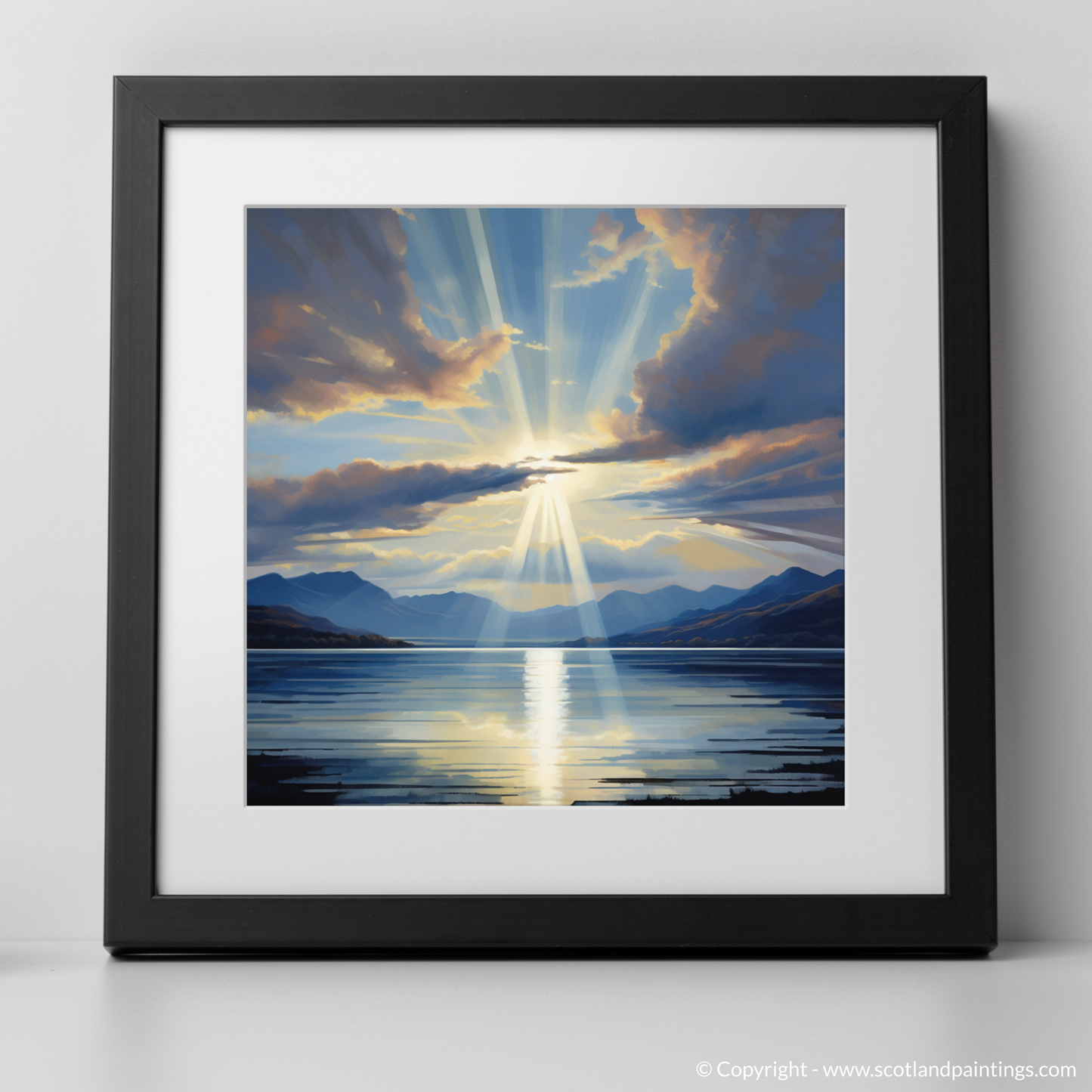 Art Print of Crepuscular rays above Loch Lomond with a black frame