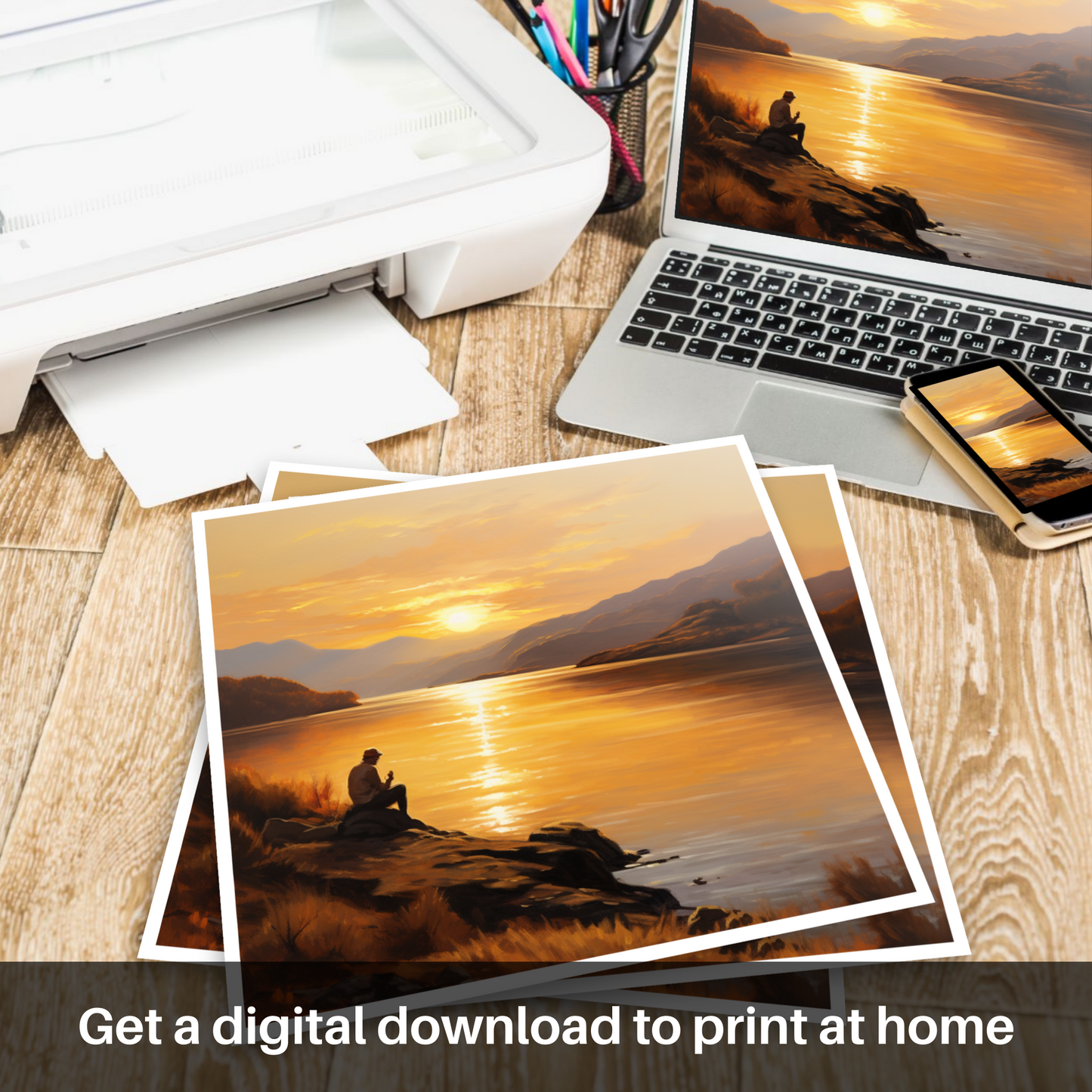 Downloadable and printable picture of Golden hour at Loch Lomond