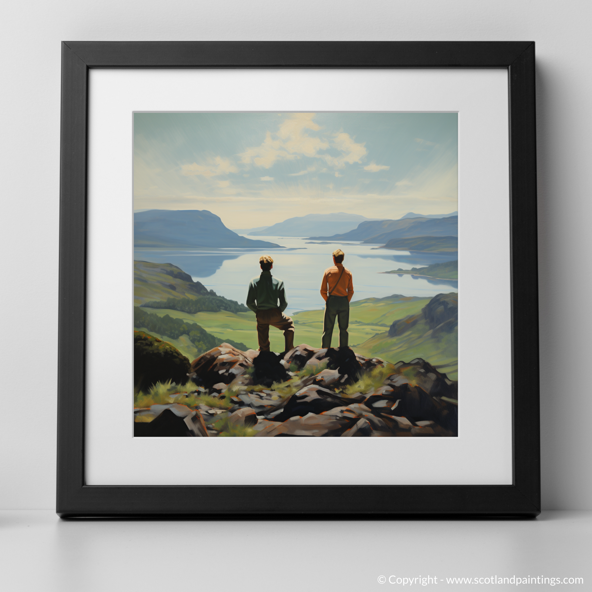 Art Print of Two hikers looking out on Loch Lomond with a black frame