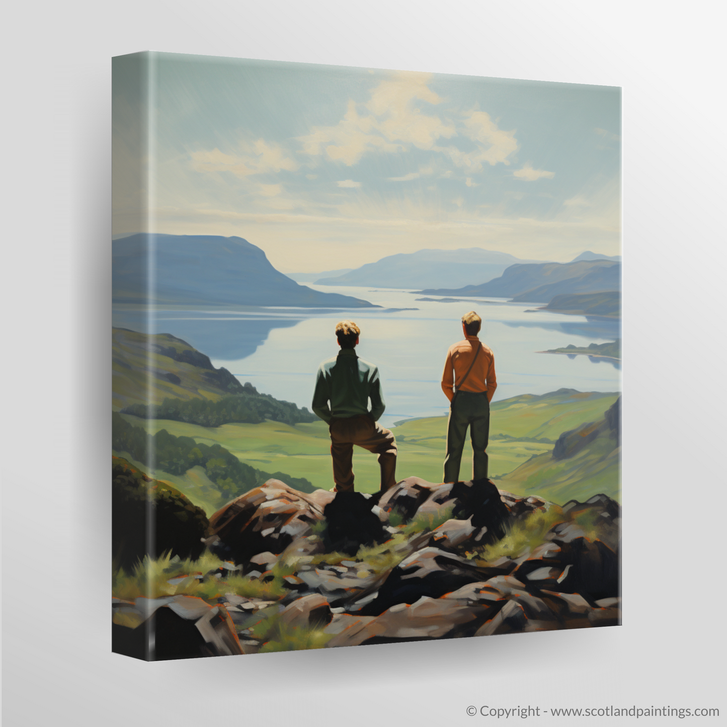 Canvas Print of Two hikers looking out on Loch Lomond