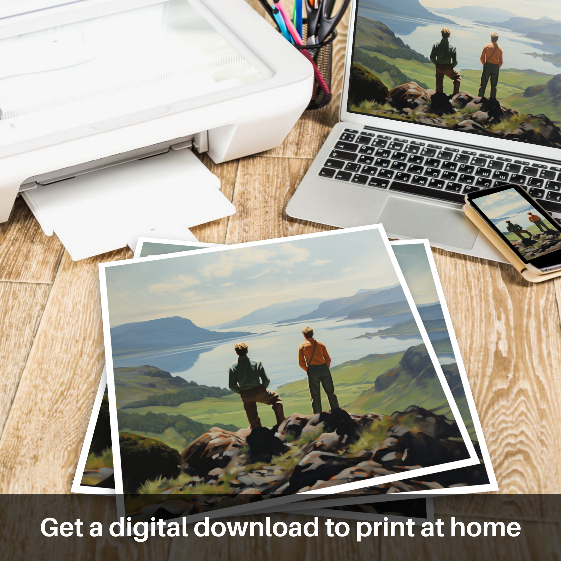 Downloadable and printable picture of Two hikers looking out on Loch Lomond