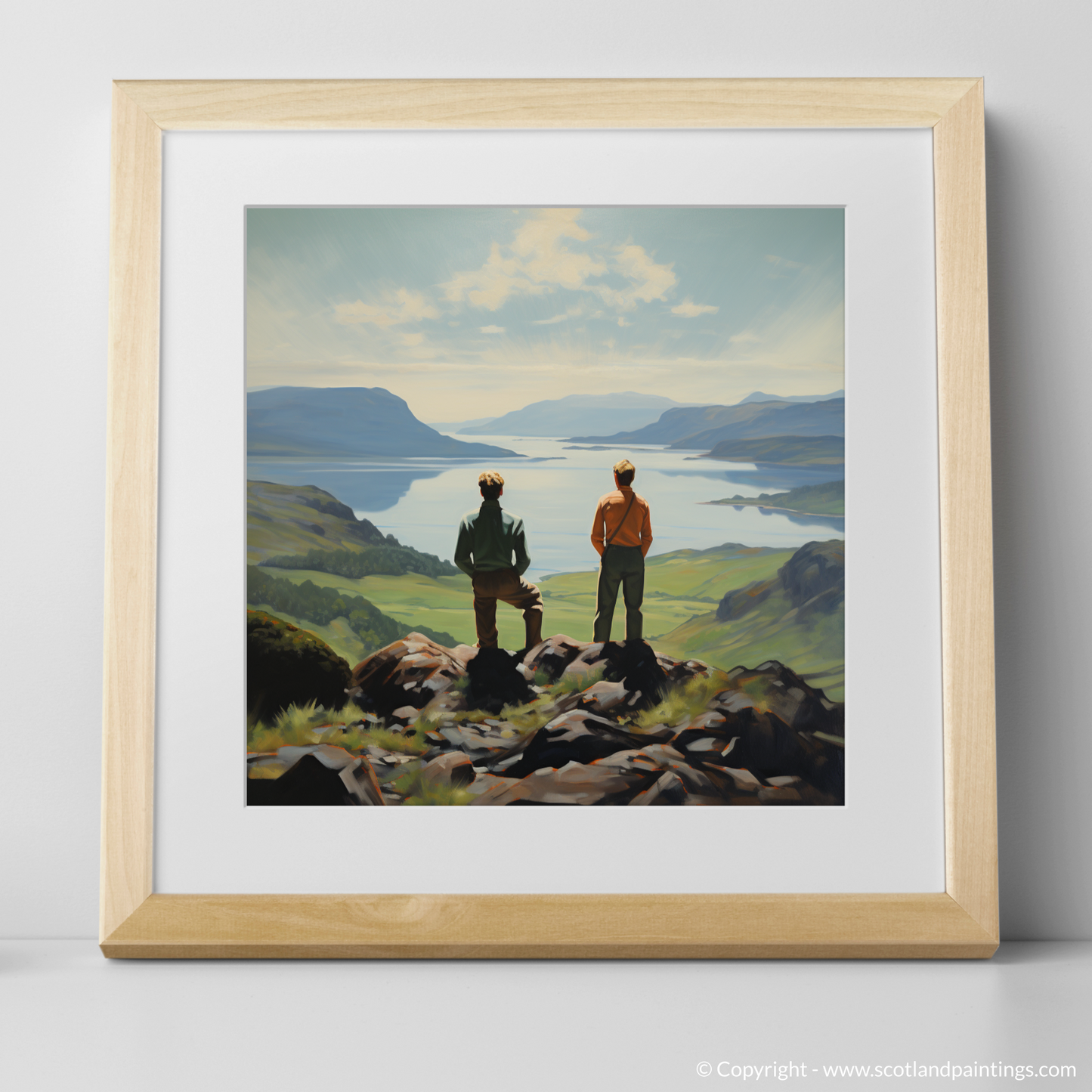 Art Print of Two hikers looking out on Loch Lomond with a natural frame