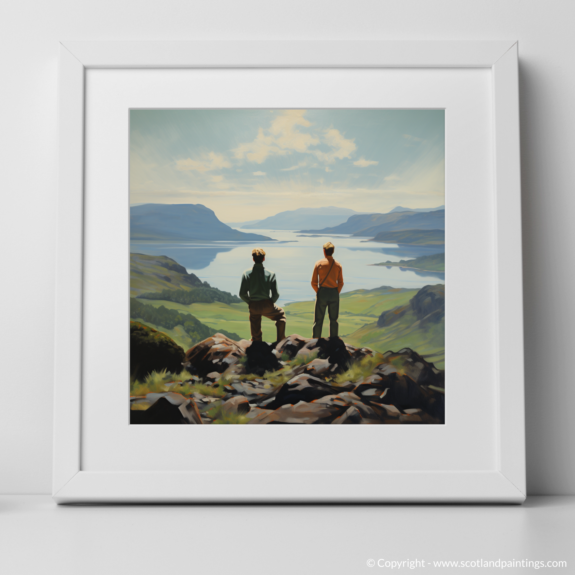 Art Print of Two hikers looking out on Loch Lomond with a white frame