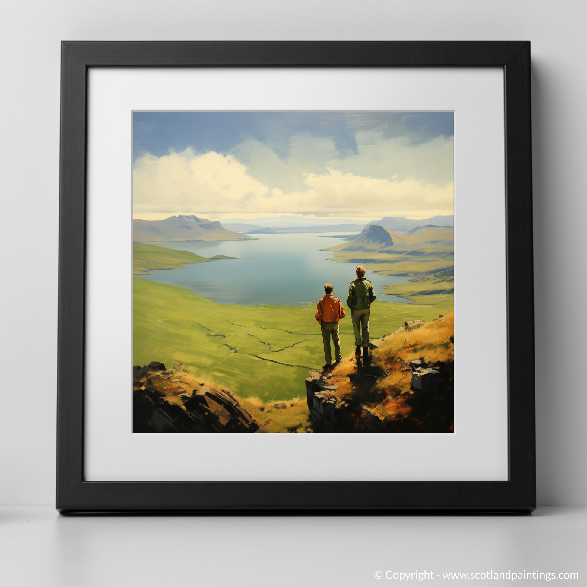 Art Print of Two hikers looking out on Loch Lomond with a black frame