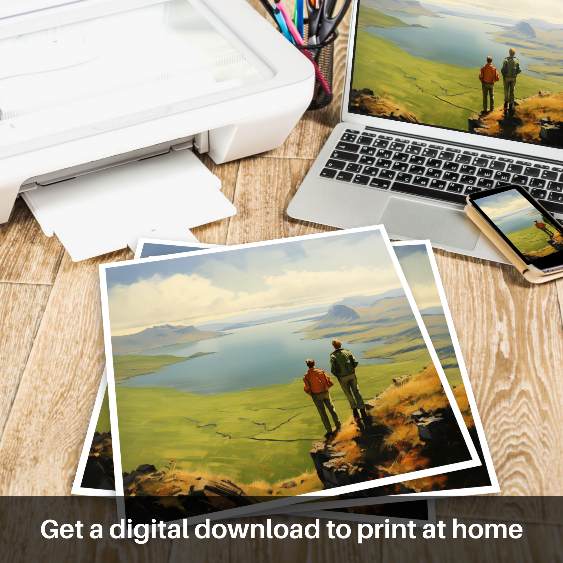 Downloadable and printable picture of Two hikers looking out on Loch Lomond