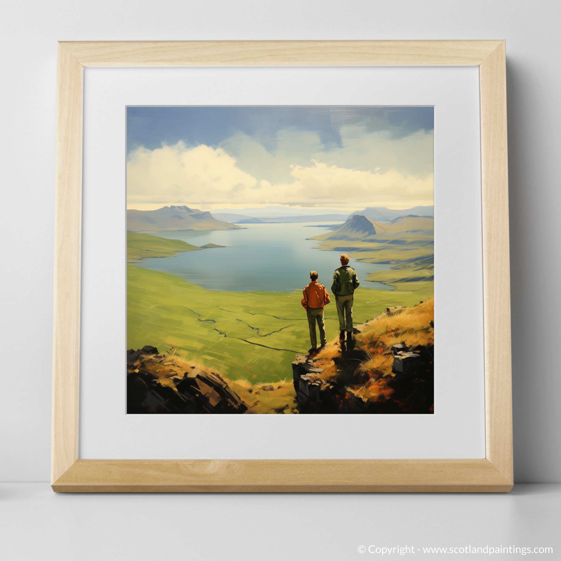 Art Print of Two hikers looking out on Loch Lomond with a natural frame