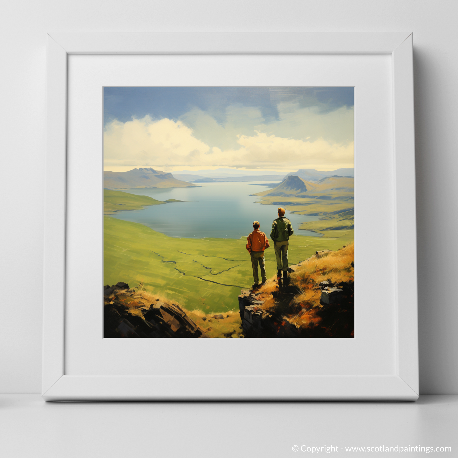 Art Print of Two hikers looking out on Loch Lomond with a white frame