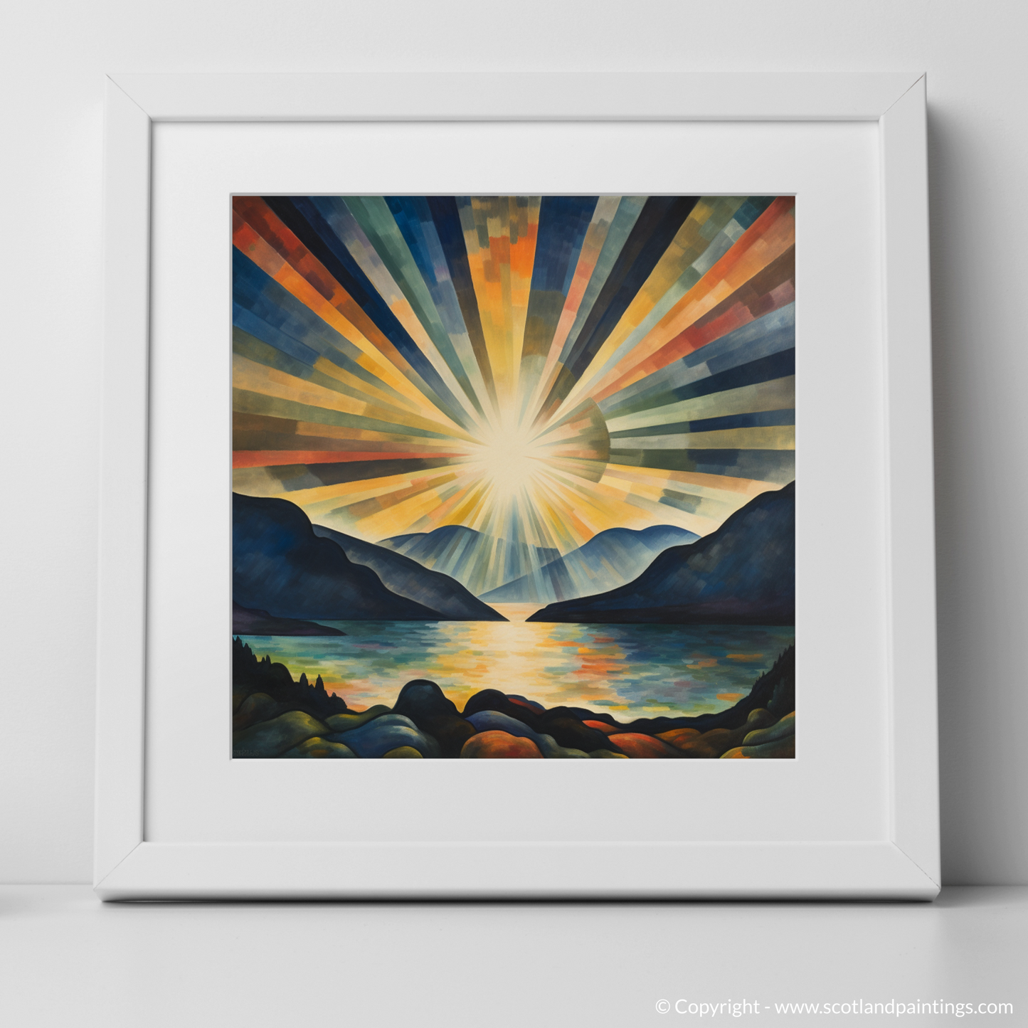 Art Print of Crepuscular rays above Loch Lomond with a white frame