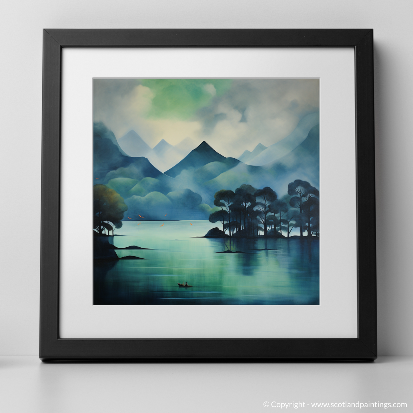 Art Print of Misty morning on Loch Lomond with a black frame