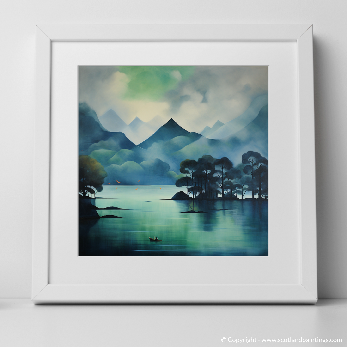 Art Print of Misty morning on Loch Lomond with a white frame