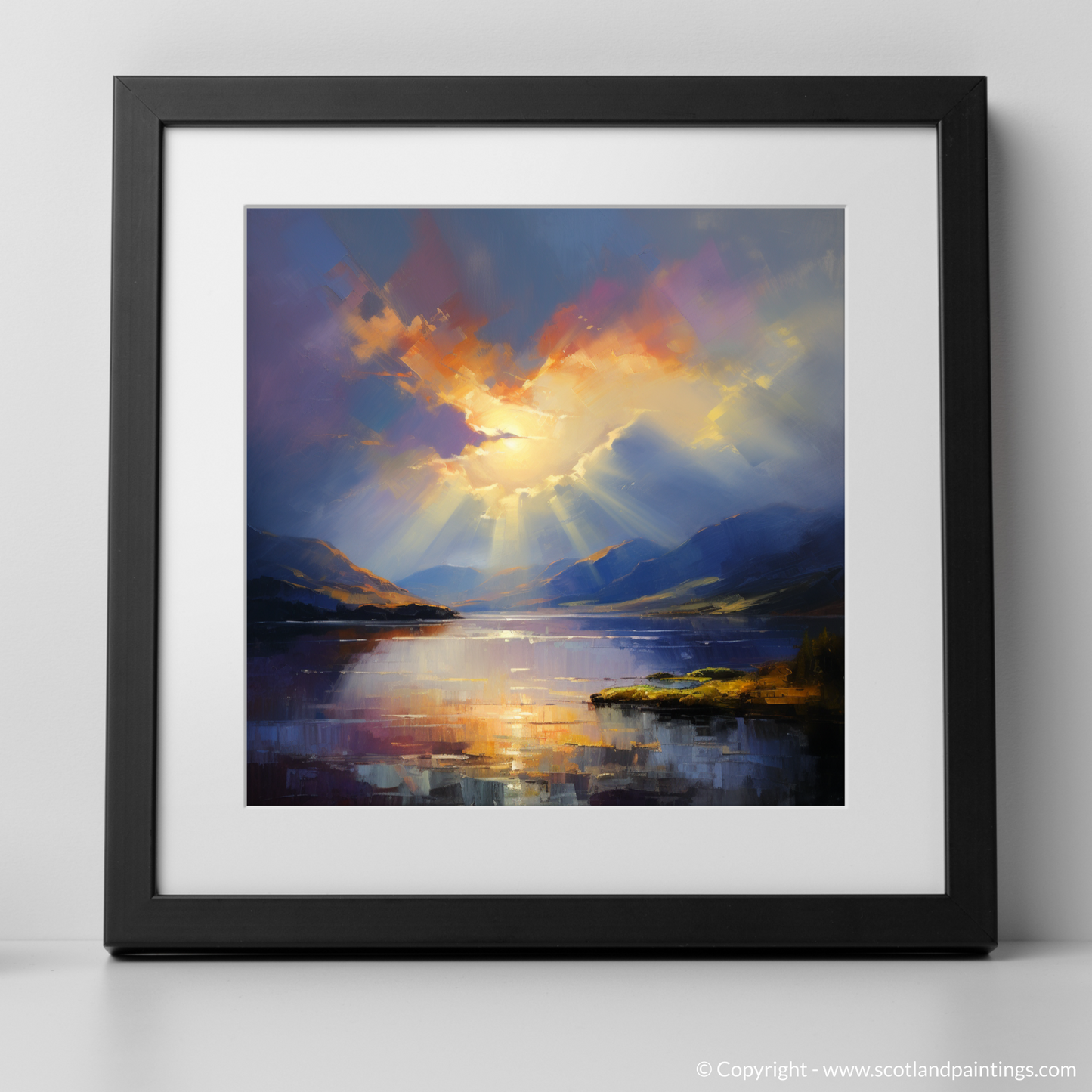 Painting and Art Print of Sun rays through clouds above Loch Lomond. Sunrise Serenade over Loch Lomond.