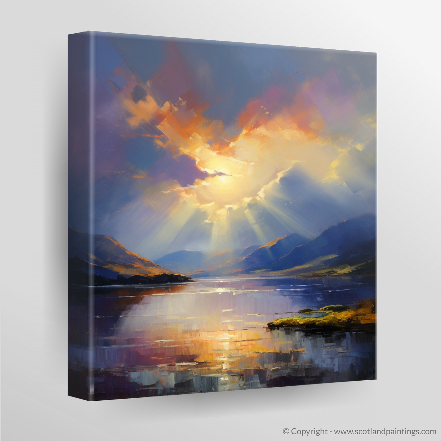 Painting and Art Print of Sun rays through clouds above Loch Lomond. Sunrise Serenade over Loch Lomond.