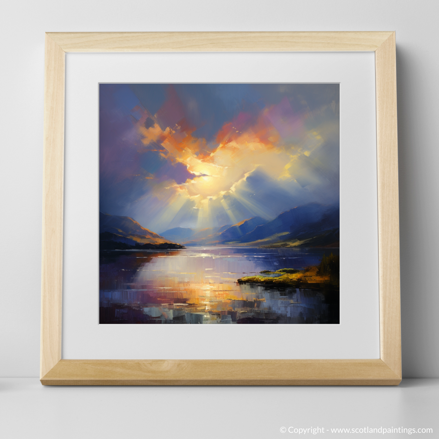 Painting and Art Print of Sun rays through clouds above Loch Lomond. Sunrise Serenade over Loch Lomond.