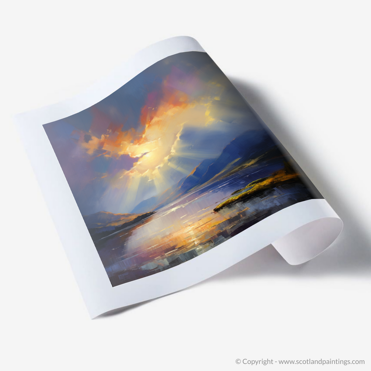 Painting and Art Print of Sun rays through clouds above Loch Lomond. Sunrise Serenade over Loch Lomond.