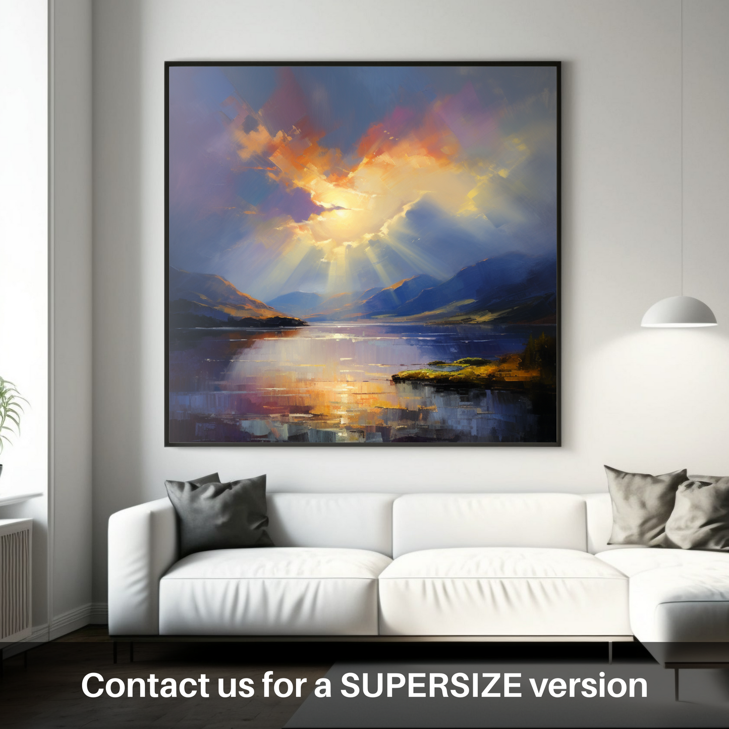 Painting and Art Print of Sun rays through clouds above Loch Lomond. Sunrise Serenade over Loch Lomond.