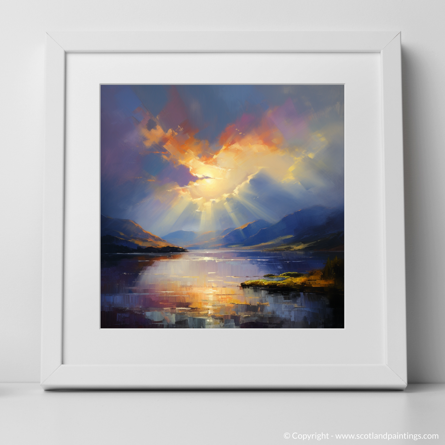 Painting and Art Print of Sun rays through clouds above Loch Lomond. Sunrise Serenade over Loch Lomond.