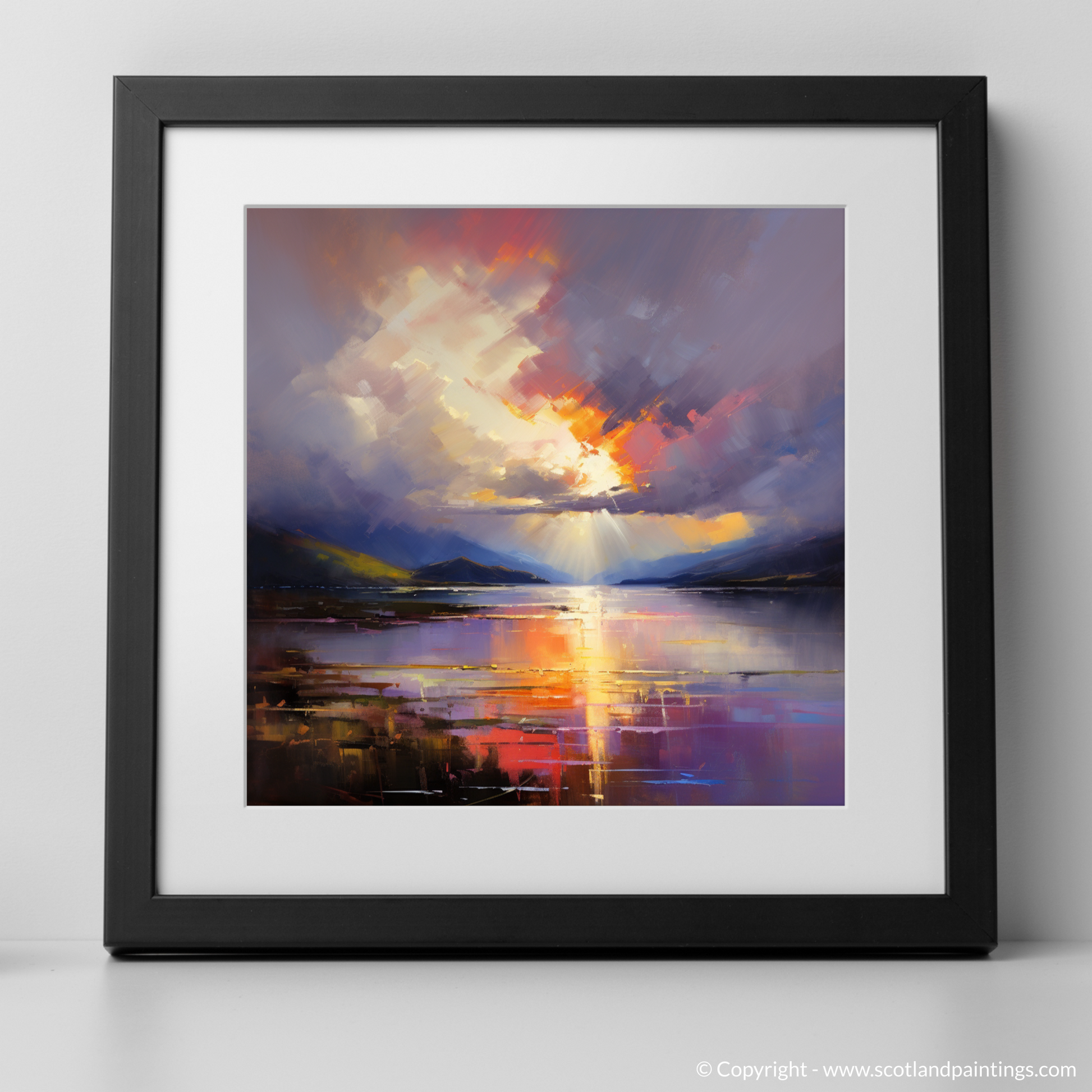 Art Print of Sun rays through clouds above Loch Lomond with a black frame