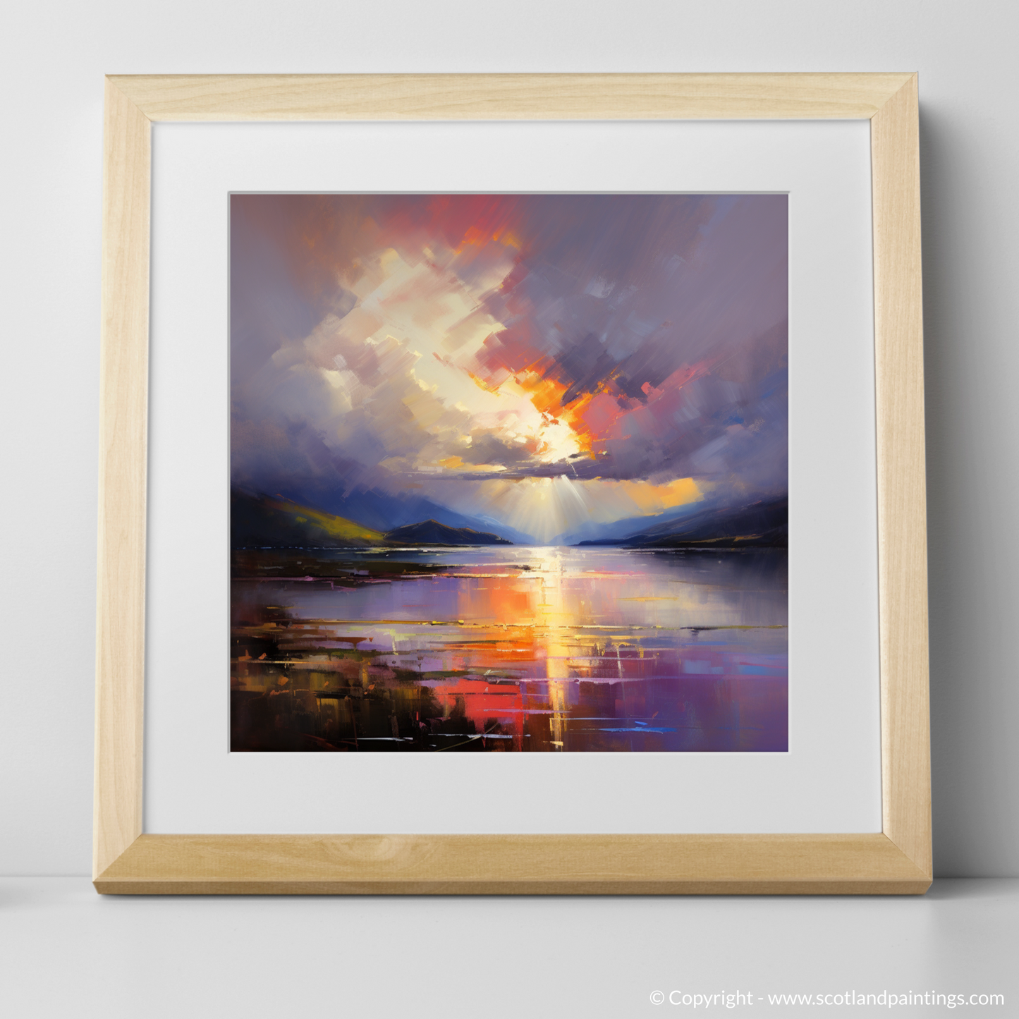 Art Print of Sun rays through clouds above Loch Lomond with a natural frame