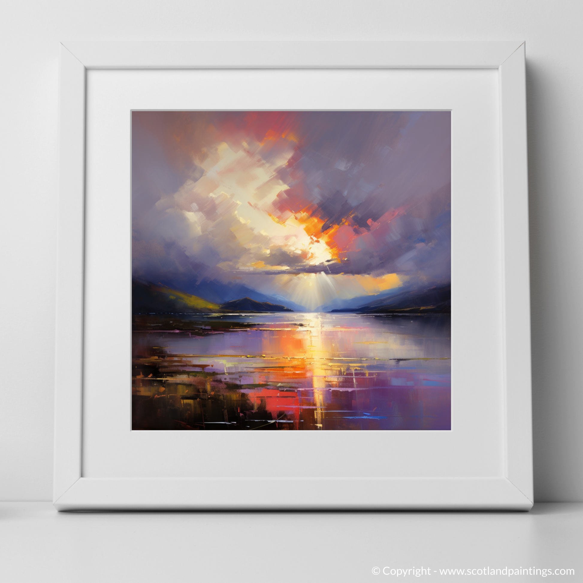 Art Print of Sun rays through clouds above Loch Lomond with a white frame