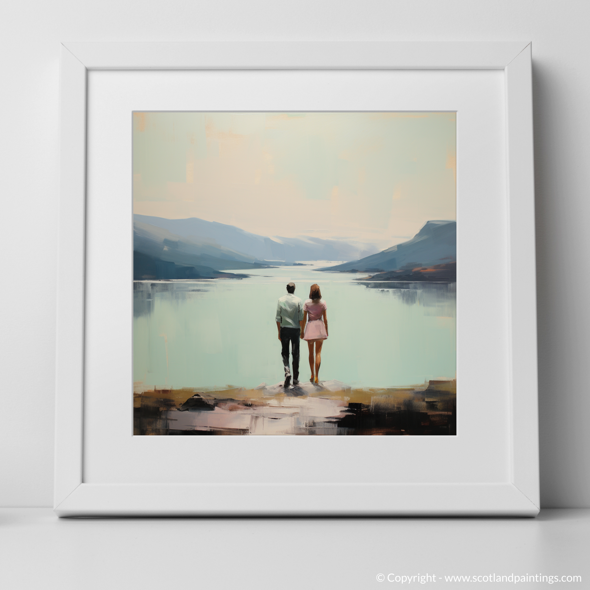 Art Print of A couple holding hands looking out on Loch Lomond with a white frame