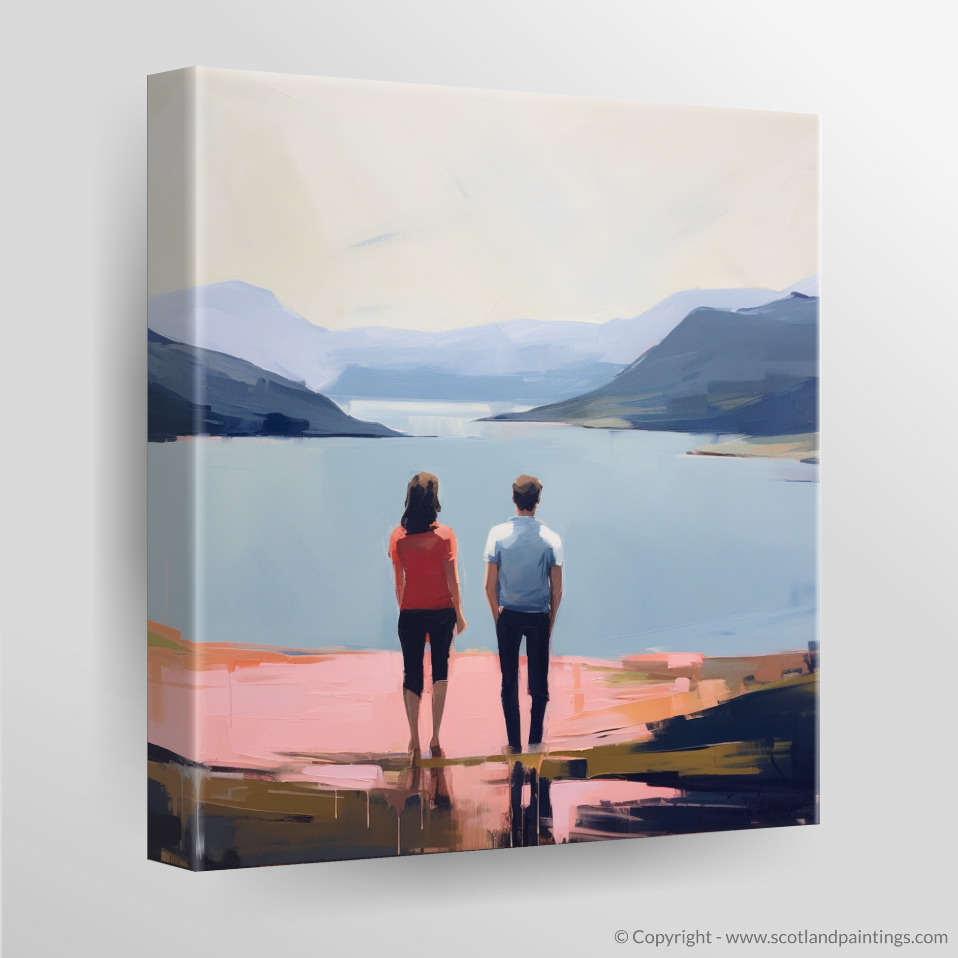 Canvas Print of A couple holding hands looking out on Loch Lomond