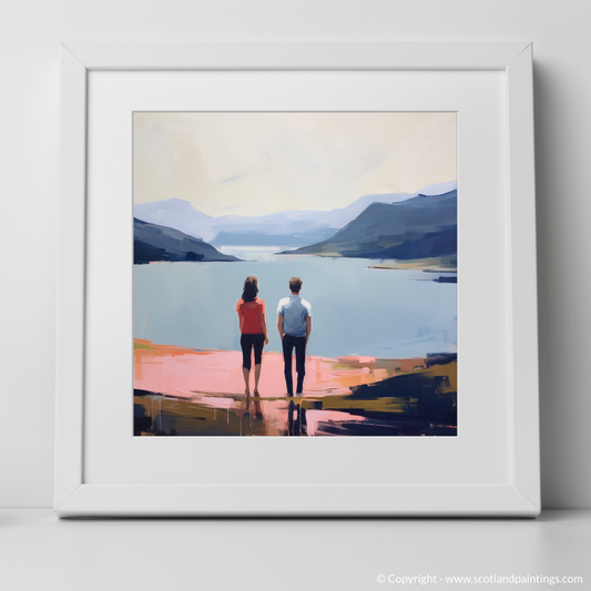 Art Print of A couple holding hands looking out on Loch Lomond with a white frame