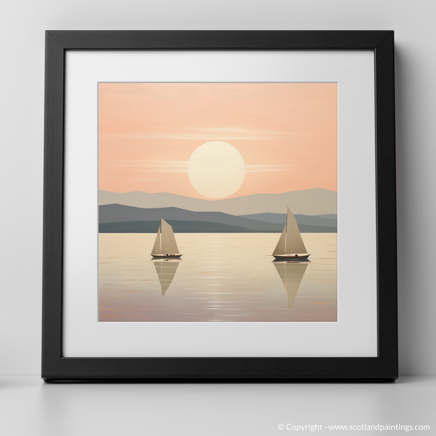 Art Print of Sailing boats on Loch Lomond at sunset with a black frame