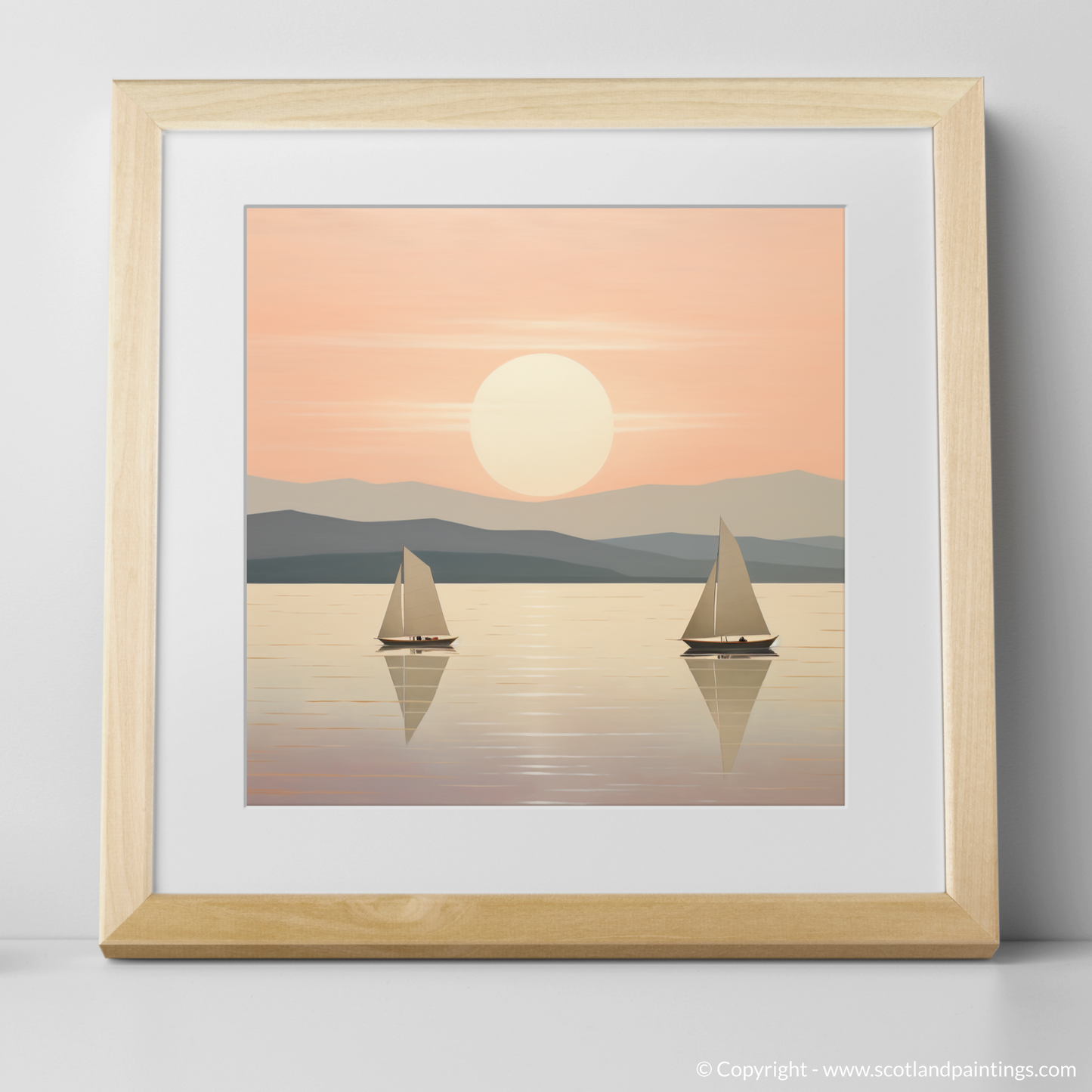 Art Print of Sailing boats on Loch Lomond at sunset with a natural frame