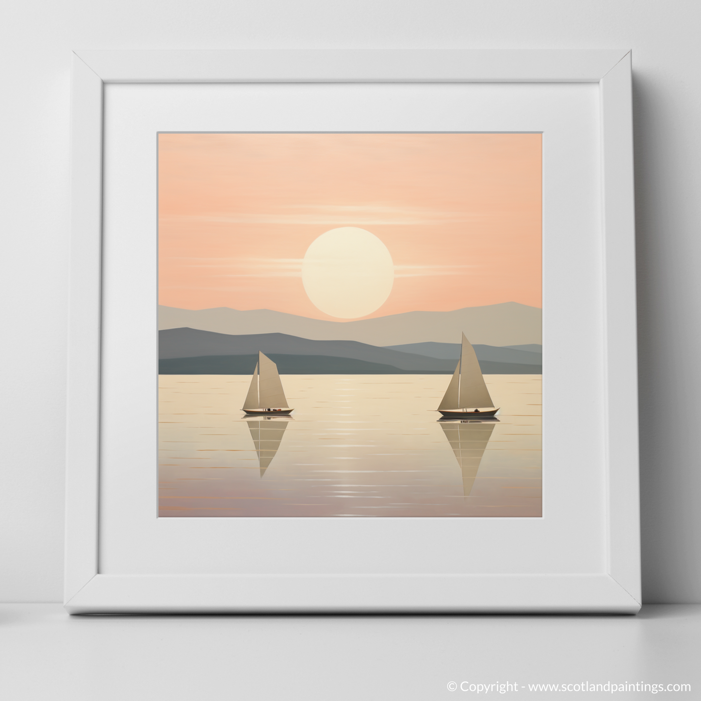 Art Print of Sailing boats on Loch Lomond at sunset with a white frame