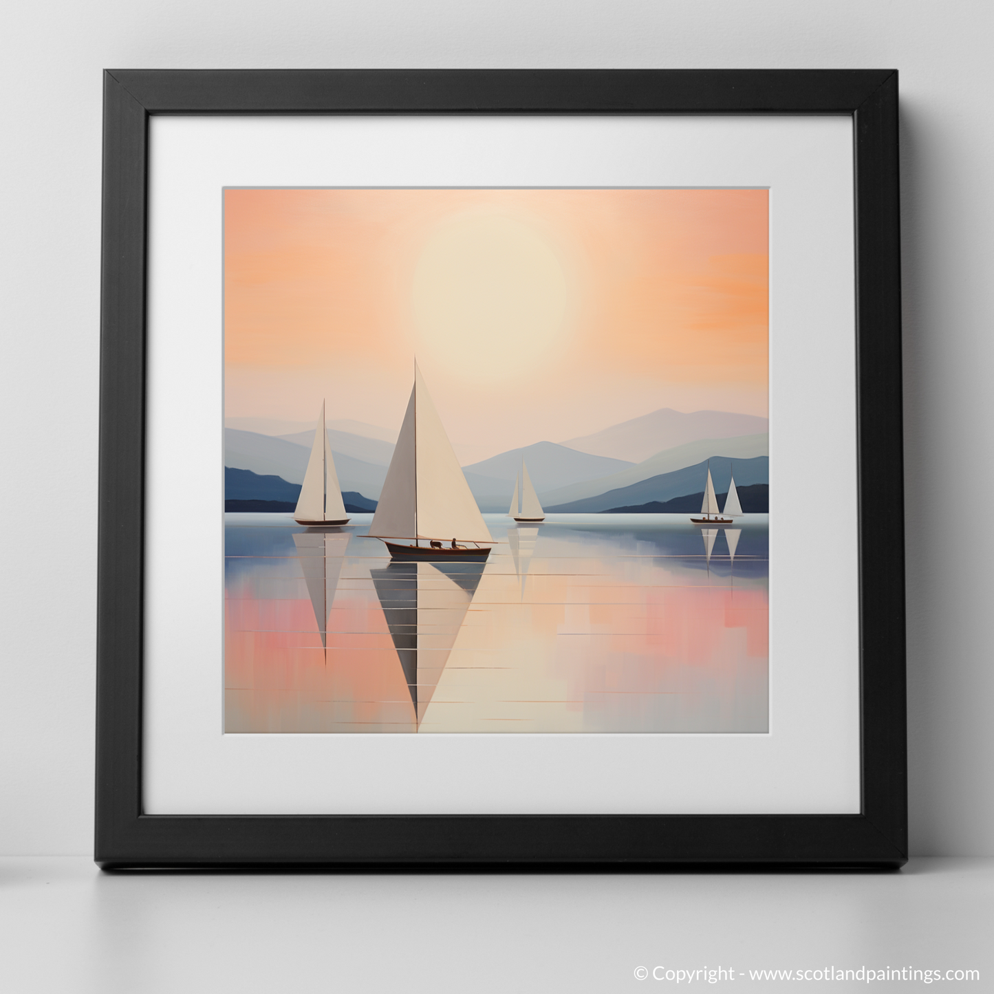 Art Print of Sailing boats on Loch Lomond at sunset with a black frame