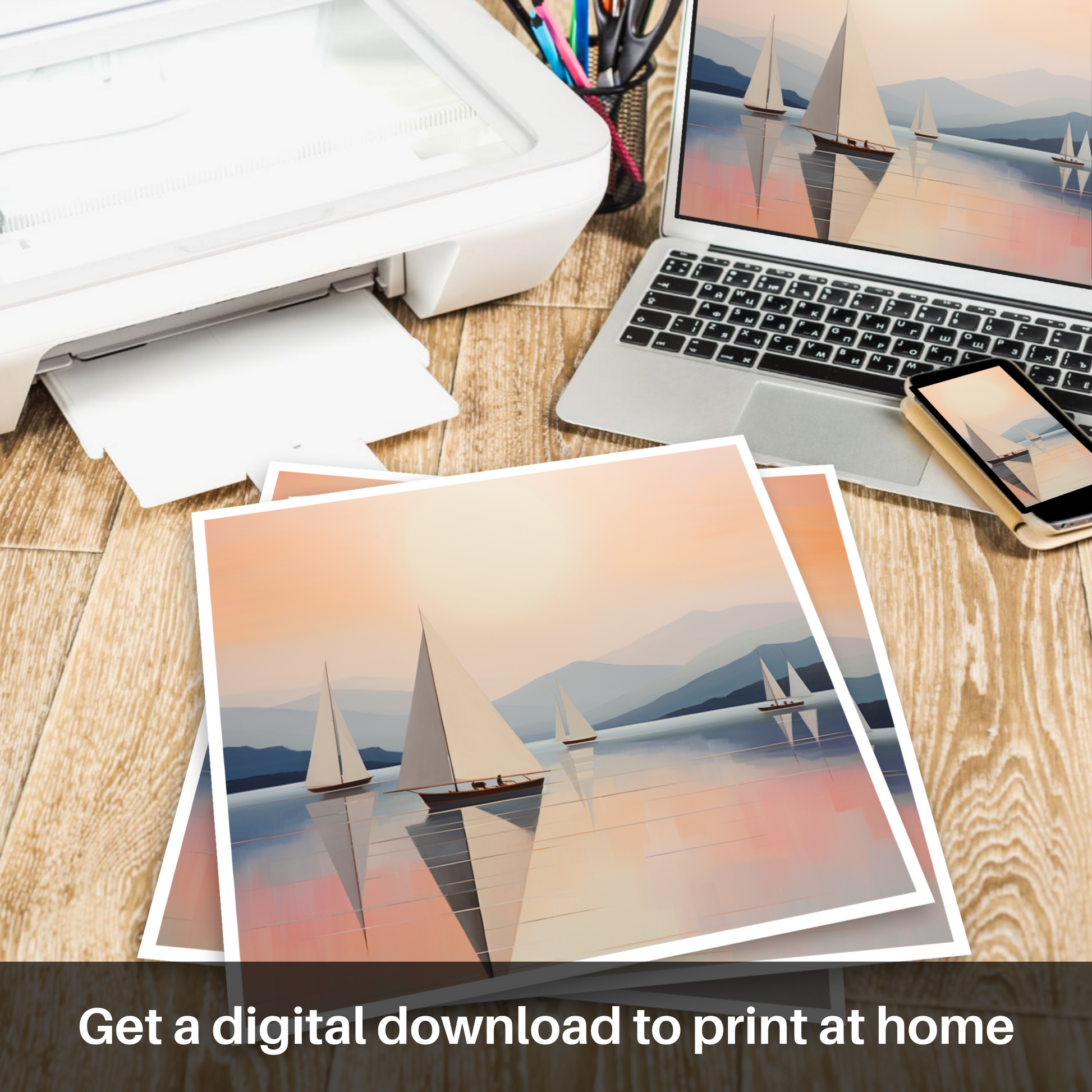 Downloadable and printable picture of Sailing boats on Loch Lomond at sunset