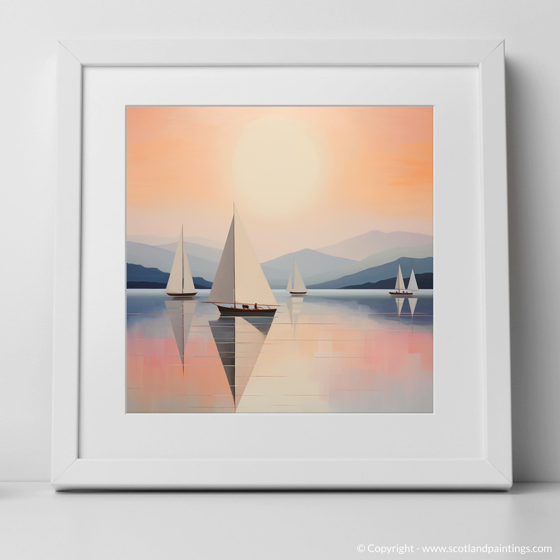 Art Print of Sailing boats on Loch Lomond at sunset with a white frame