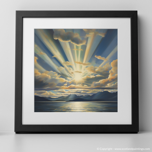 Art Print of Sun rays through clouds above Loch Lomond with a black frame