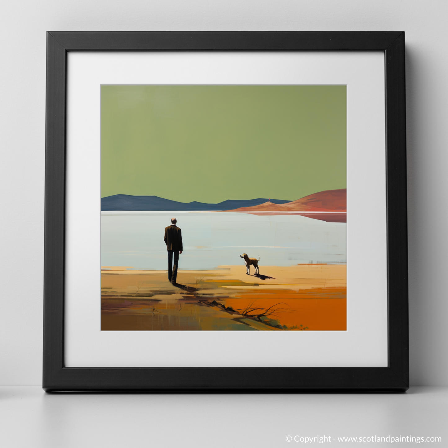 Art Print of A man walking dog at the side of Loch Lomond with a black frame