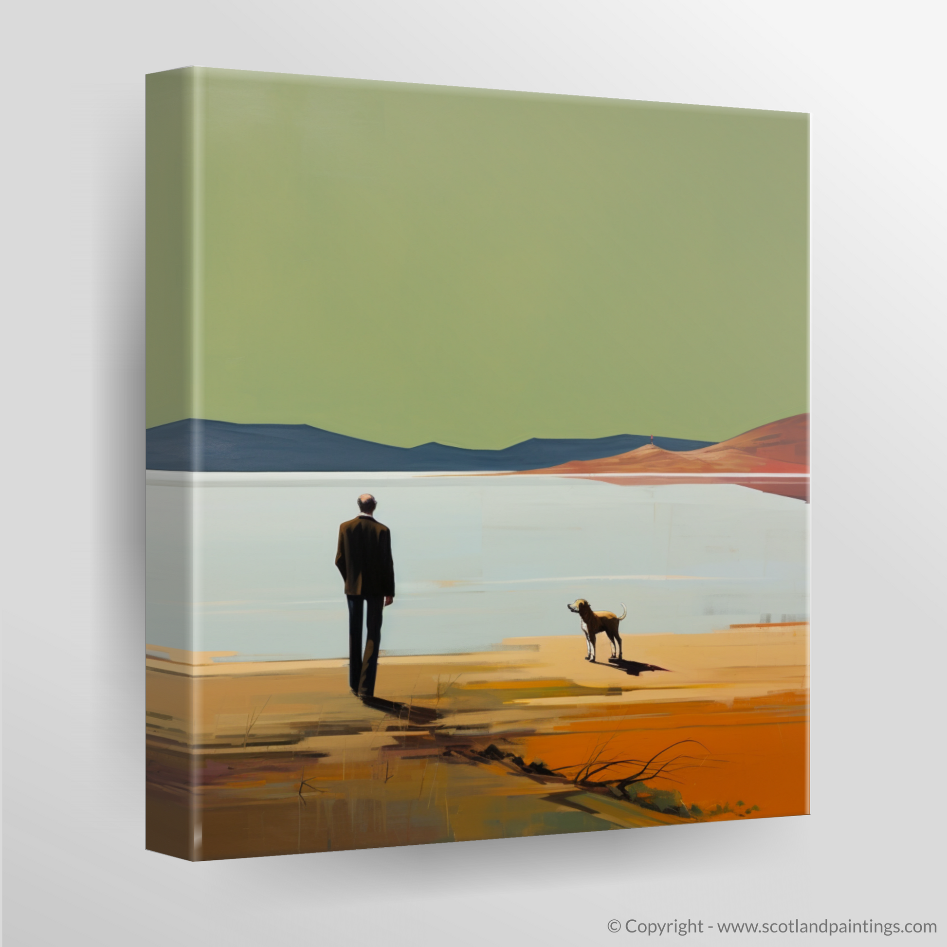 Canvas Print of A man walking dog at the side of Loch Lomond