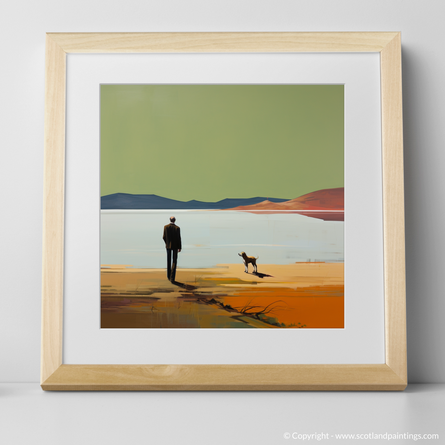 Art Print of A man walking dog at the side of Loch Lomond with a natural frame
