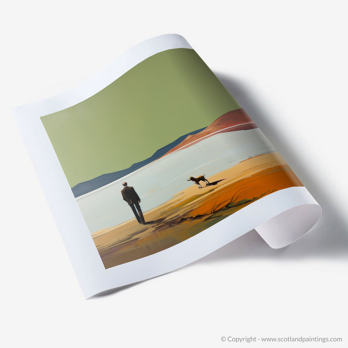 Art Print of A man walking dog at the side of Loch Lomond