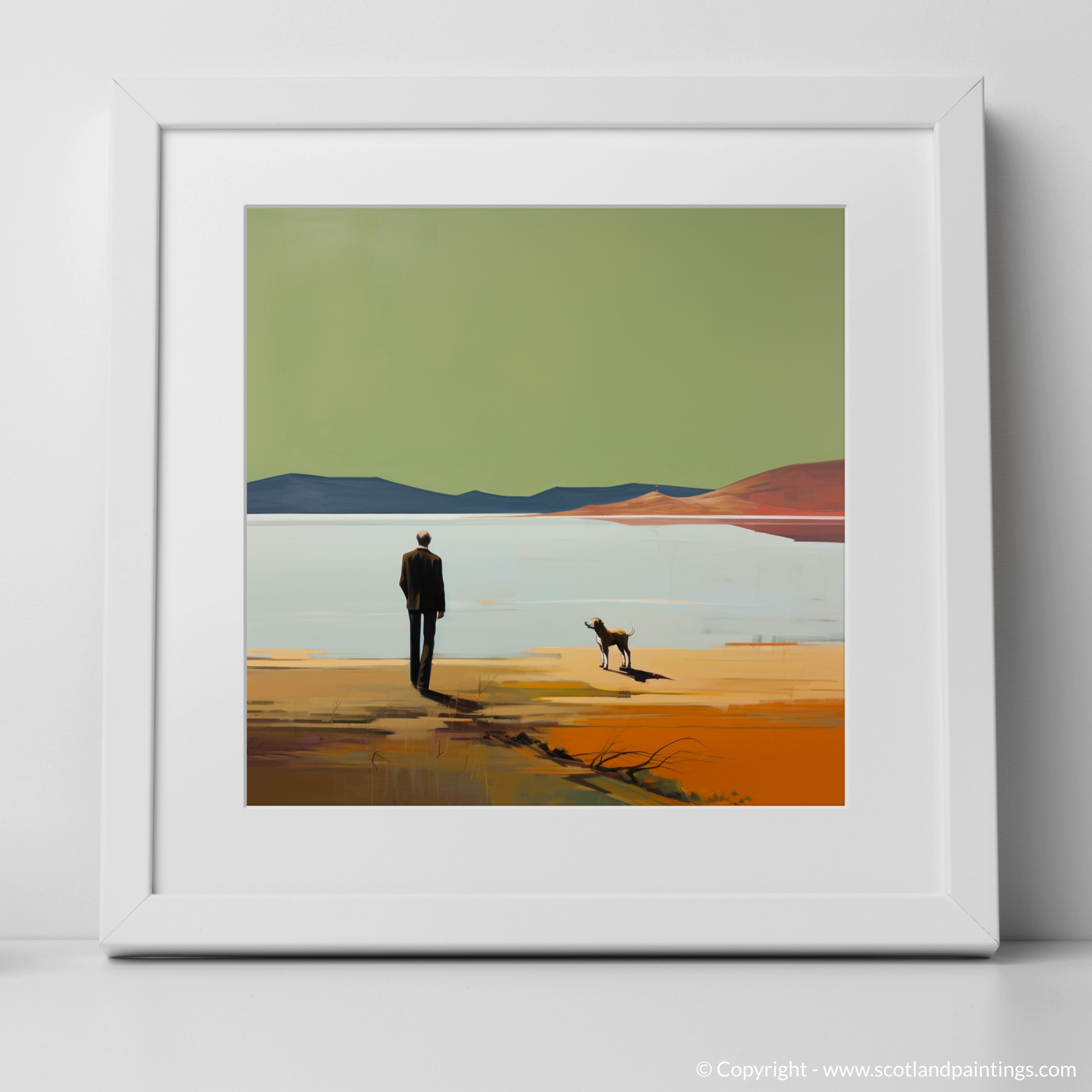 Art Print of A man walking dog at the side of Loch Lomond with a white frame