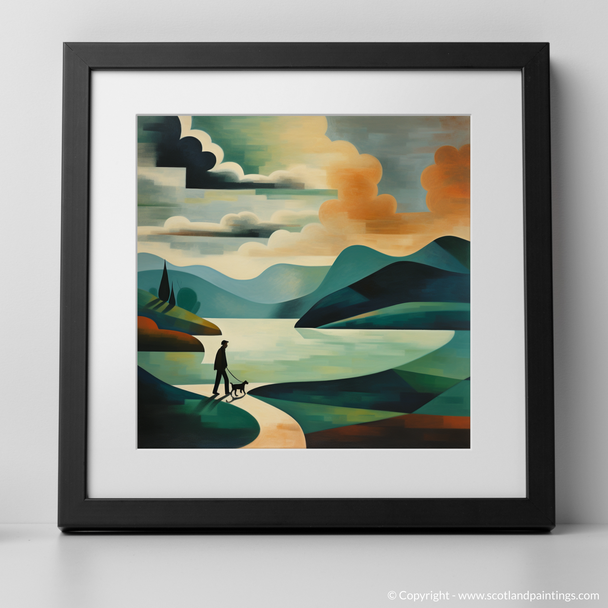 Art Print of A man walking dog at the side of Loch Lomond with a black frame