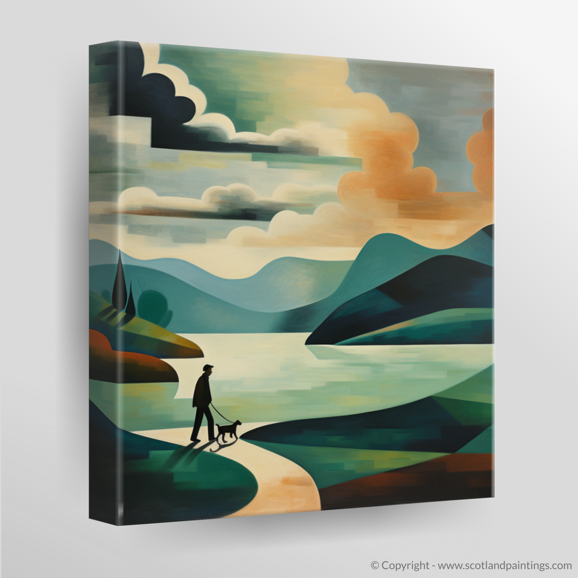 Canvas Print of A man walking dog at the side of Loch Lomond