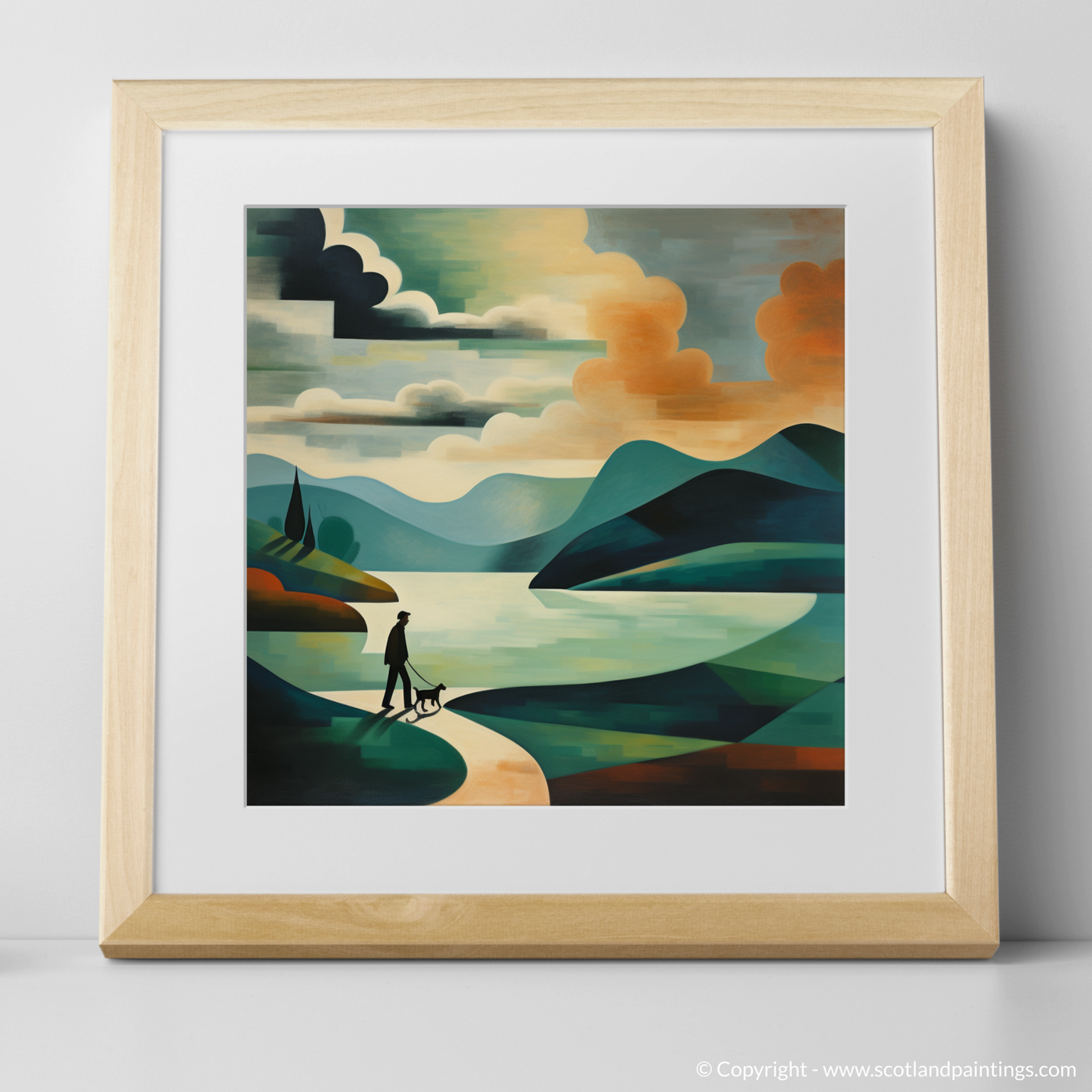 Art Print of A man walking dog at the side of Loch Lomond with a natural frame