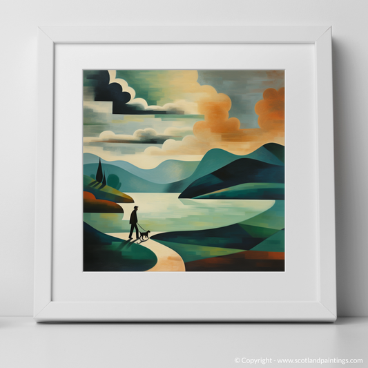 Art Print of A man walking dog at the side of Loch Lomond with a white frame