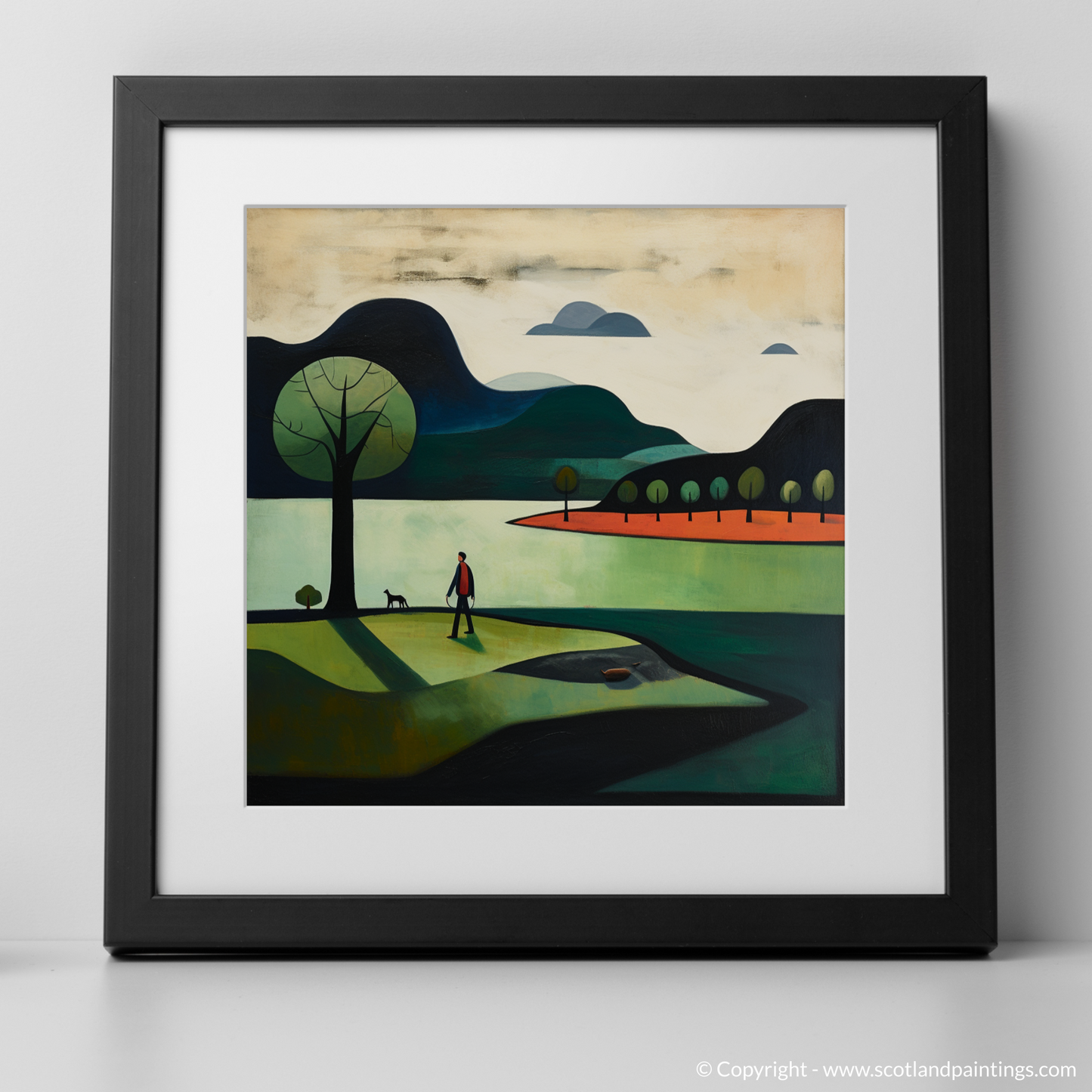 Art Print of A man walking dog at the side of Loch Lomond with a black frame