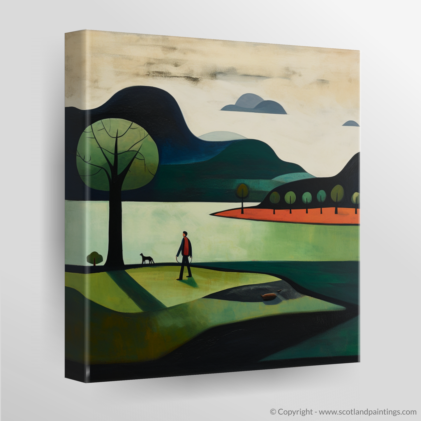 Canvas Print of A man walking dog at the side of Loch Lomond