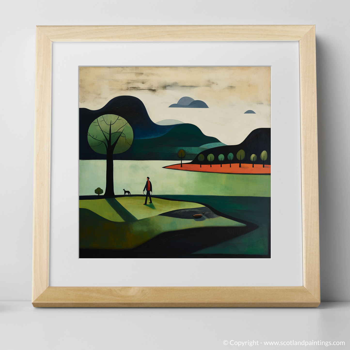 Art Print of A man walking dog at the side of Loch Lomond with a natural frame