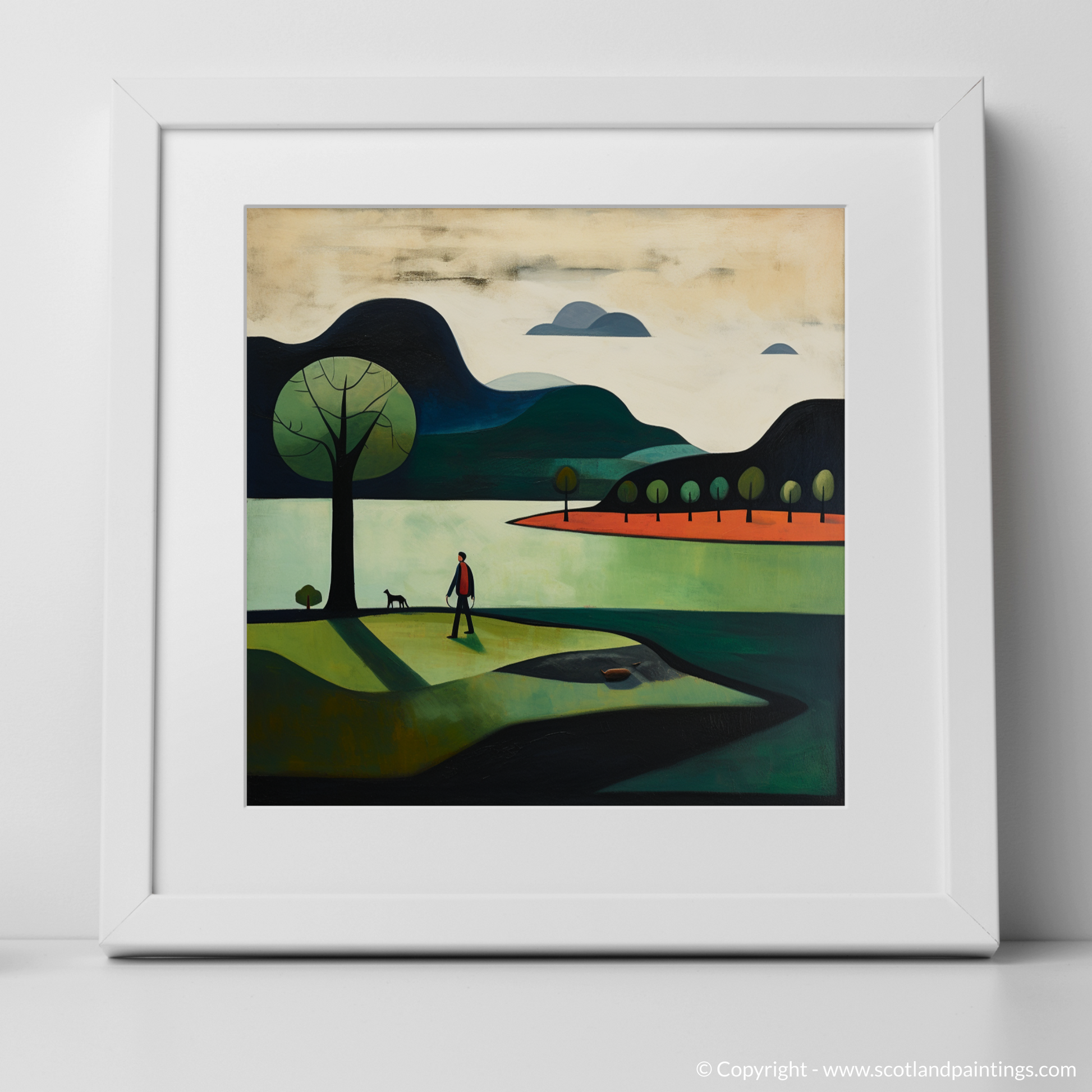 Art Print of A man walking dog at the side of Loch Lomond with a white frame