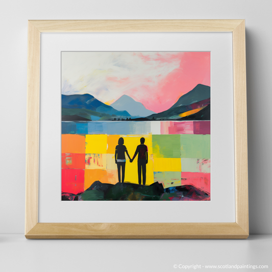 Art Print of A couple holding hands looking out on Loch Lomond with a natural frame