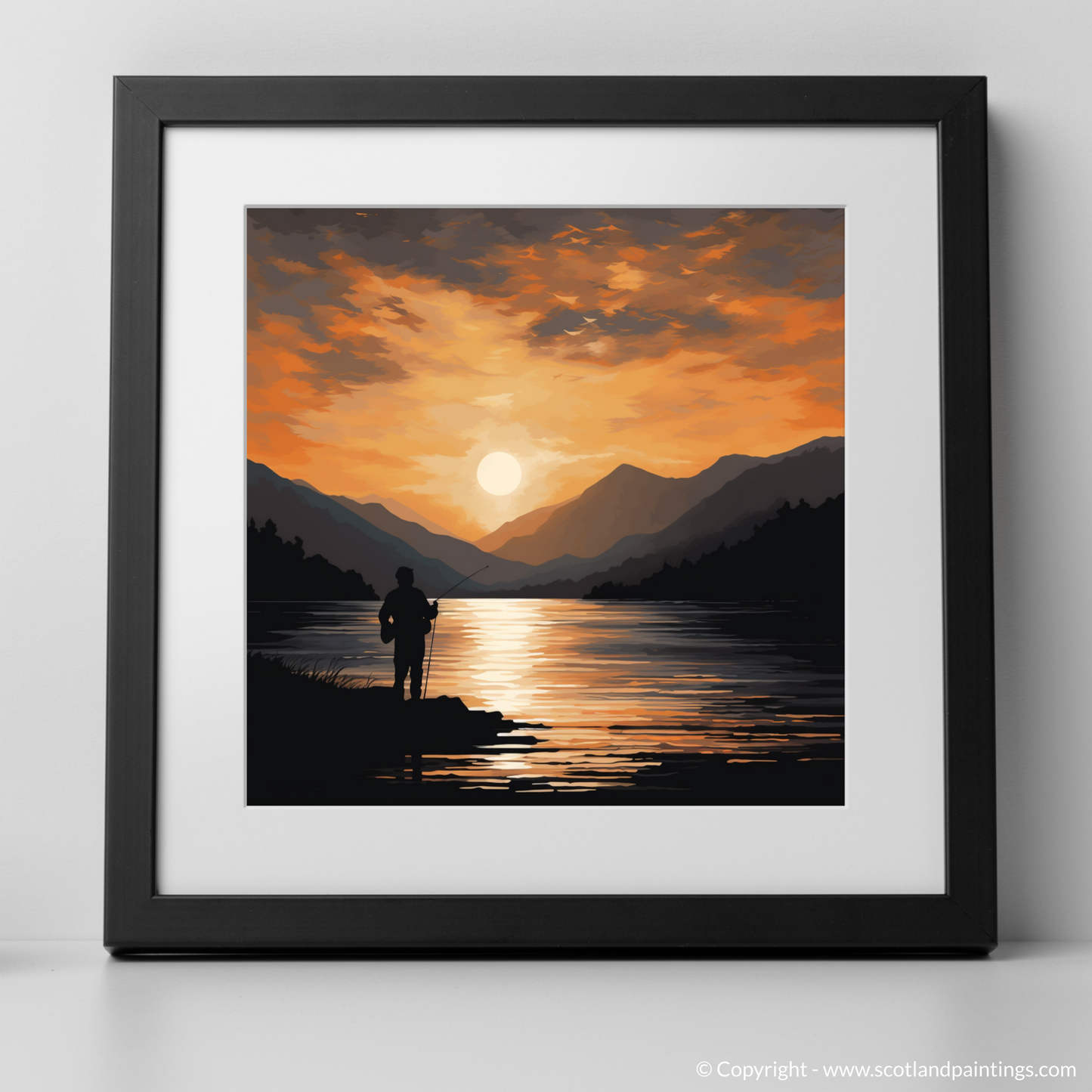 Art Print of Silhouetted fisherman on Loch Lomond with a black frame