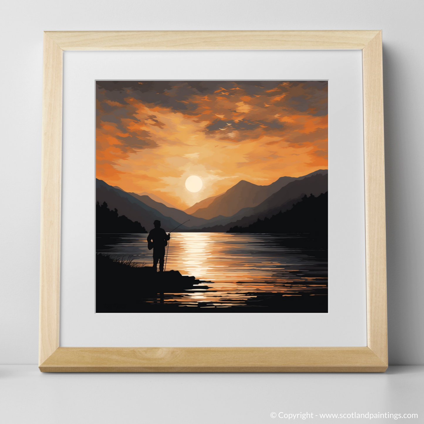 Art Print of Silhouetted fisherman on Loch Lomond with a natural frame