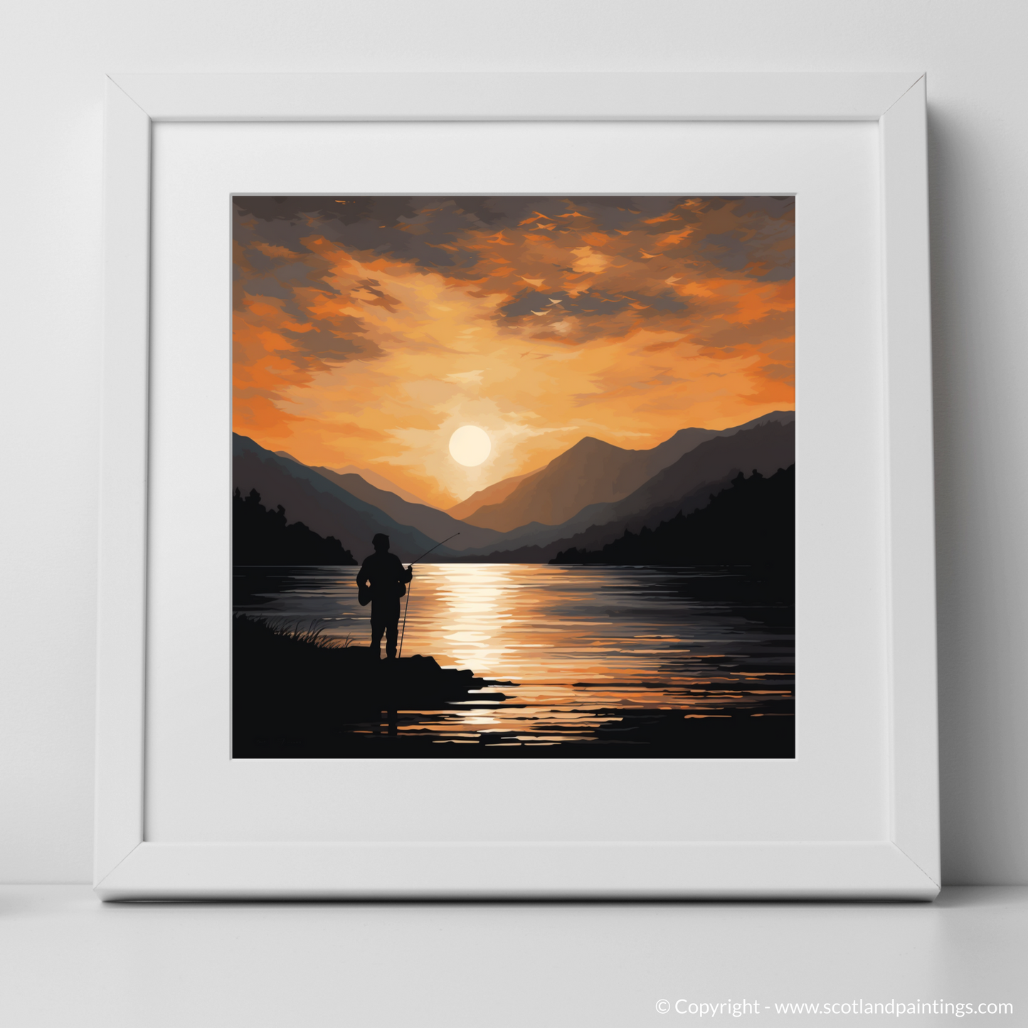 Art Print of Silhouetted fisherman on Loch Lomond with a white frame